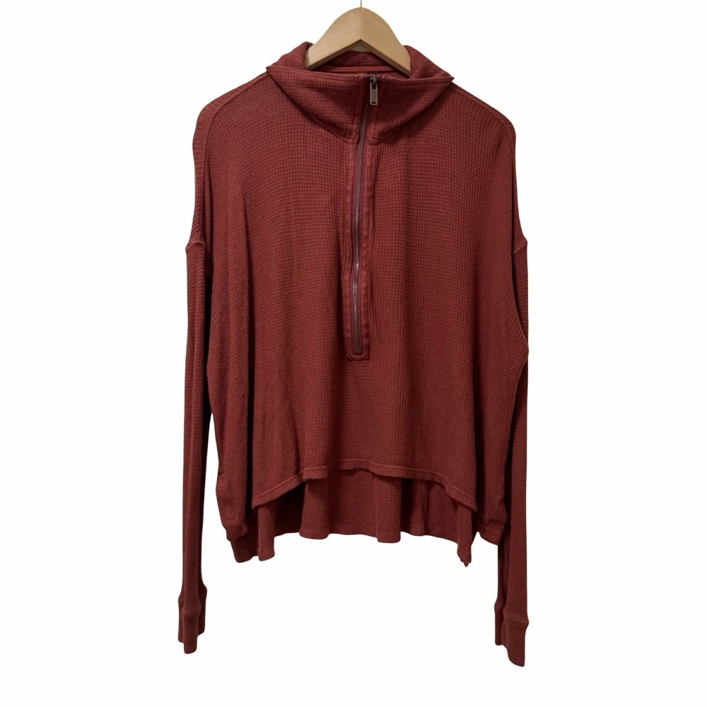 Free People Movement Walk Away‎ Waffle 1/4 Zip Mock Neck Tunic Top Size M Orange